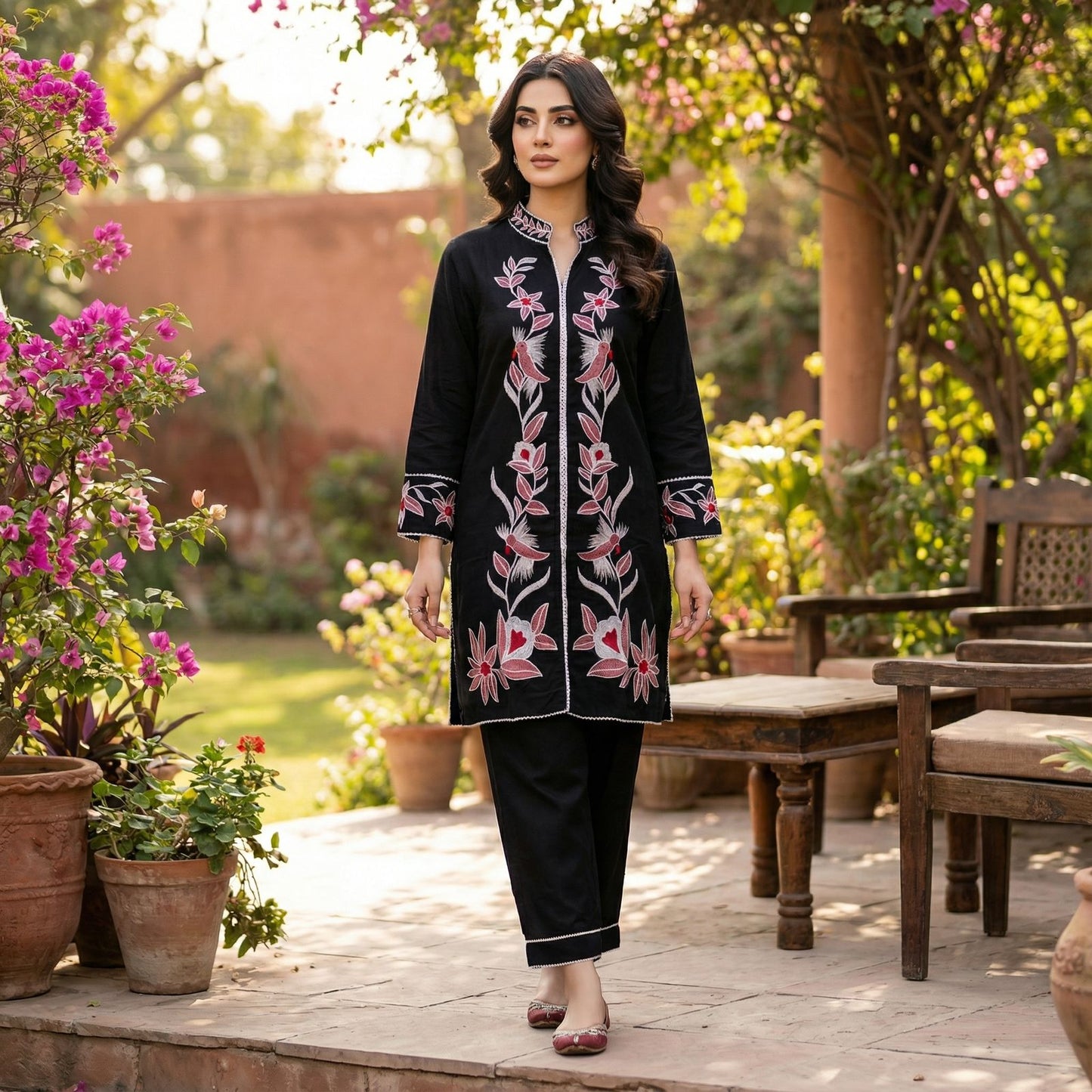 Black heavy rayon co-ord set with embroidery work for women