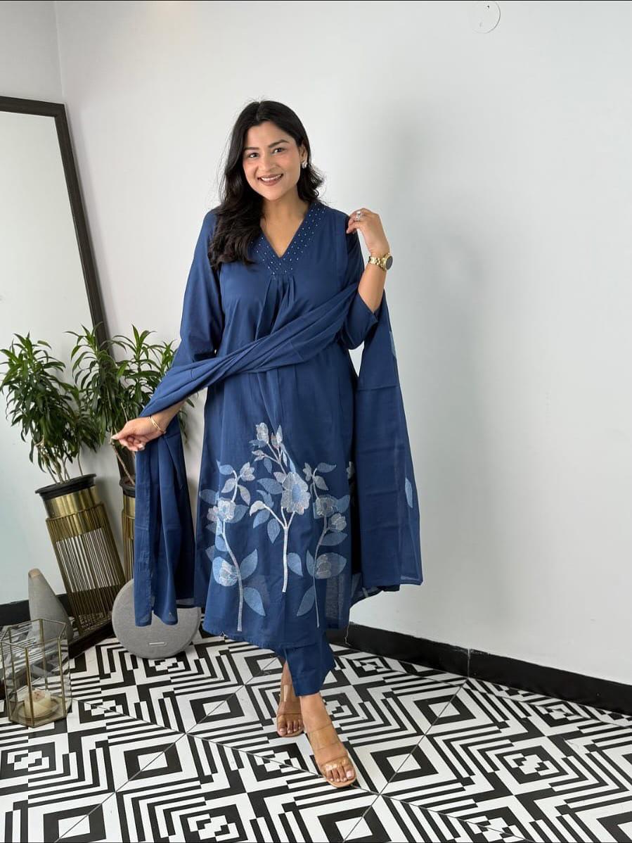 Blue Cotton Kurti Pant Set With Embroidery Work