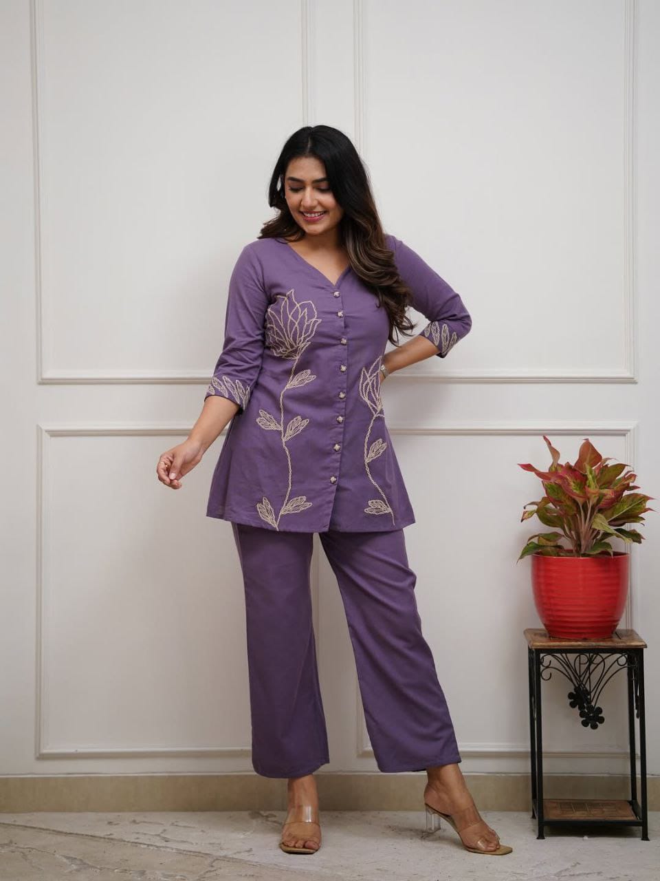 Designer Purple Co-ord Set With Embroidery