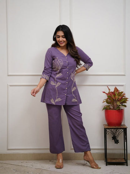 Designer Purple Co-ord Set With Embroidery
