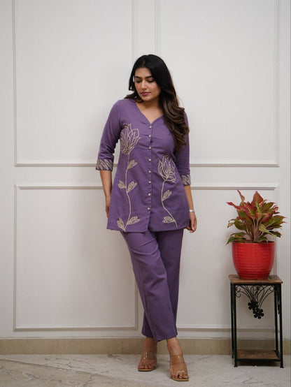 Designer Purple Co-ord Set With Embroidery