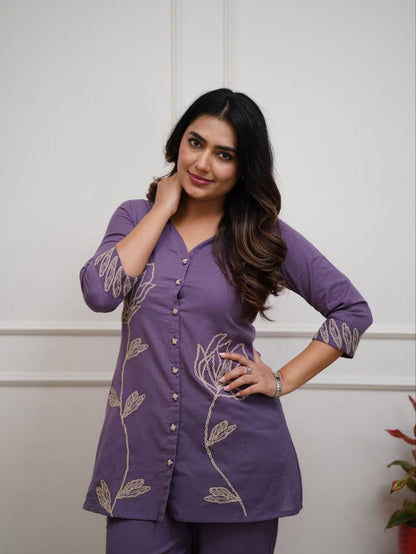 Designer Purple Co-ord Set With Embroidery