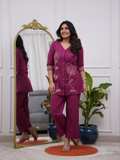 Wine Thread Embroidered Co-ord Set