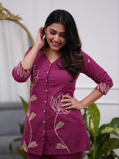 Wine Thread Embroidered Co-ord Set