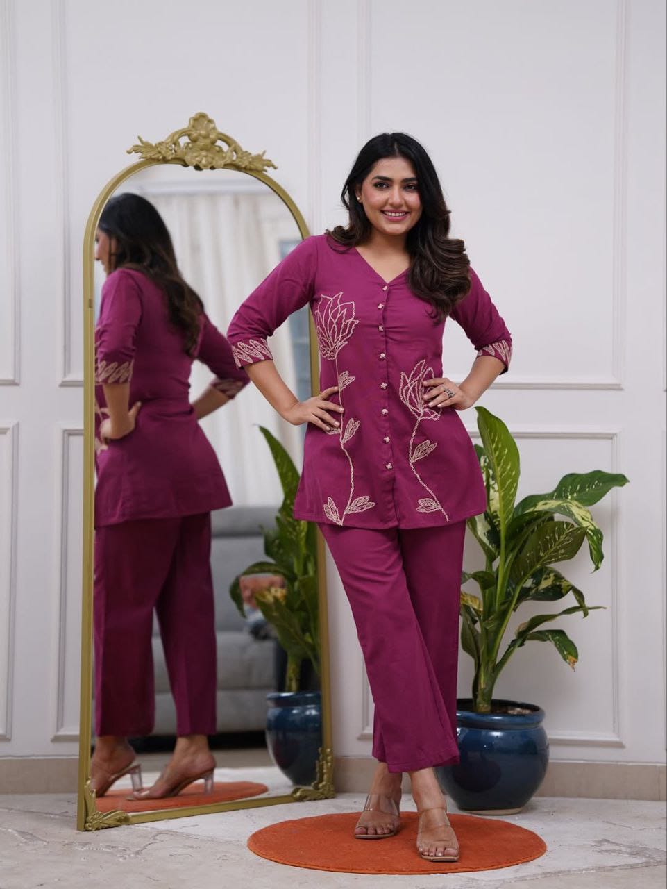 Wine Thread Embroidered Co-ord Set