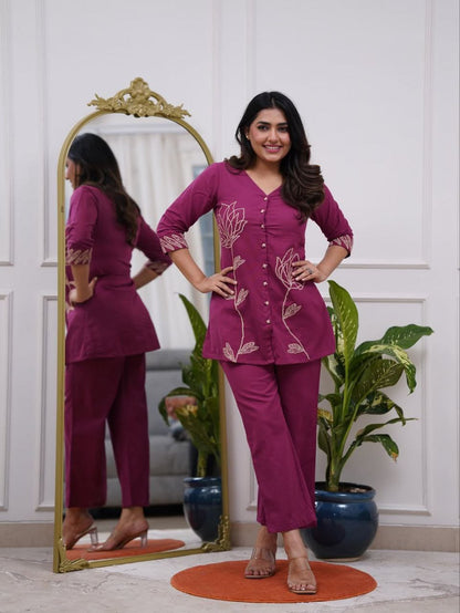 Wine Thread Embroidered Co-ord Set
