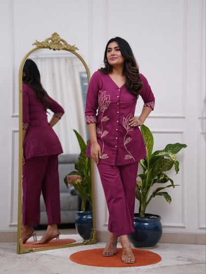 Wine Thread Embroidered Co-ord Set
