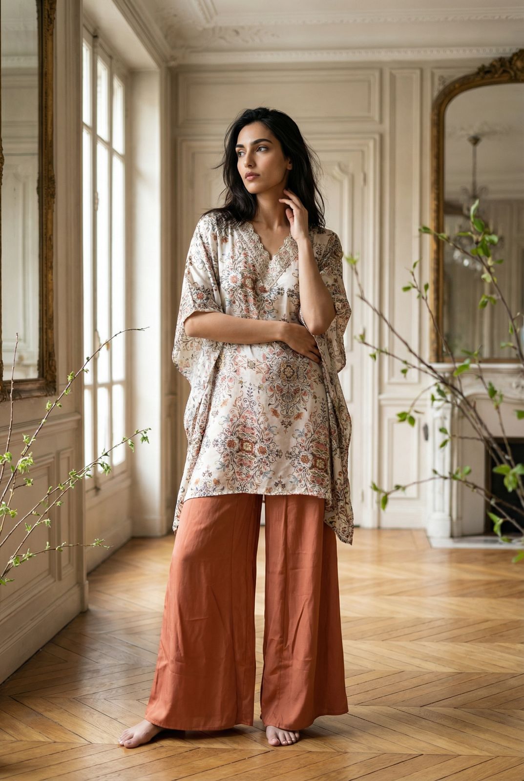 Elegant Satin Digital Print Kaftan Top With Pant