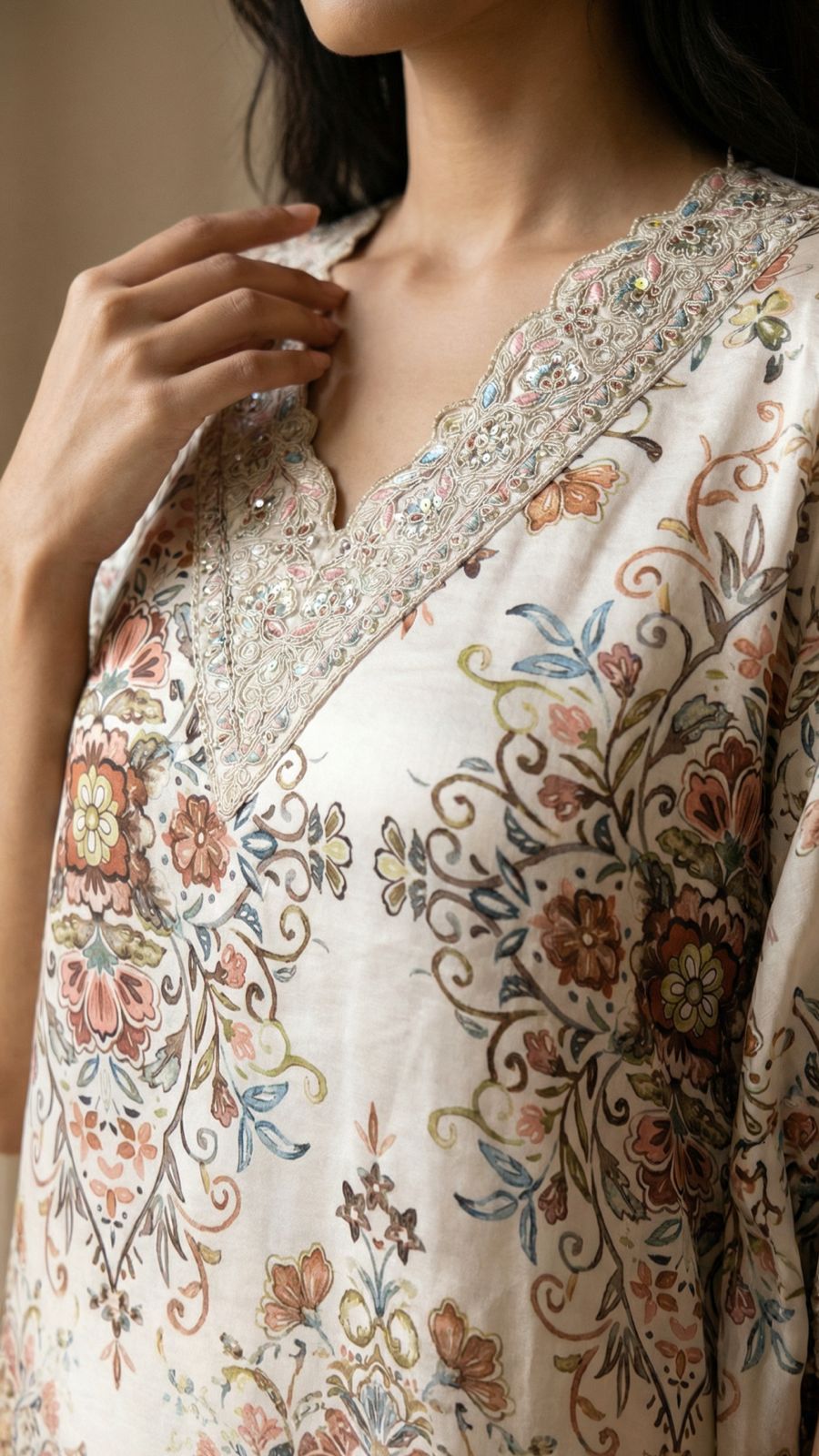 Elegant Satin Digital Print Kaftan Top With Pant