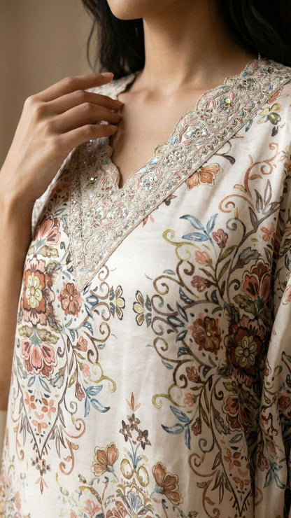 Elegant Satin Digital Print Kaftan Top With Pant