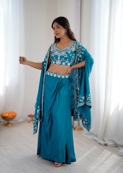 Teal Elegance Embroidered Indo-western Dhoti Outfit