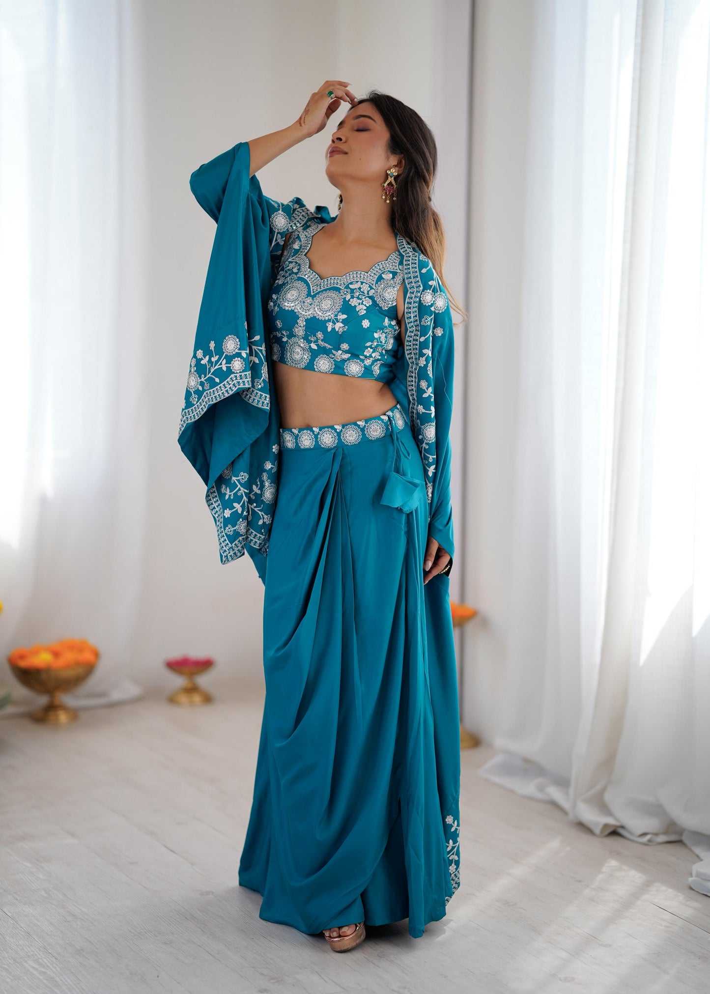 Teal Elegance Embroidered Indo-western Dhoti Outfit