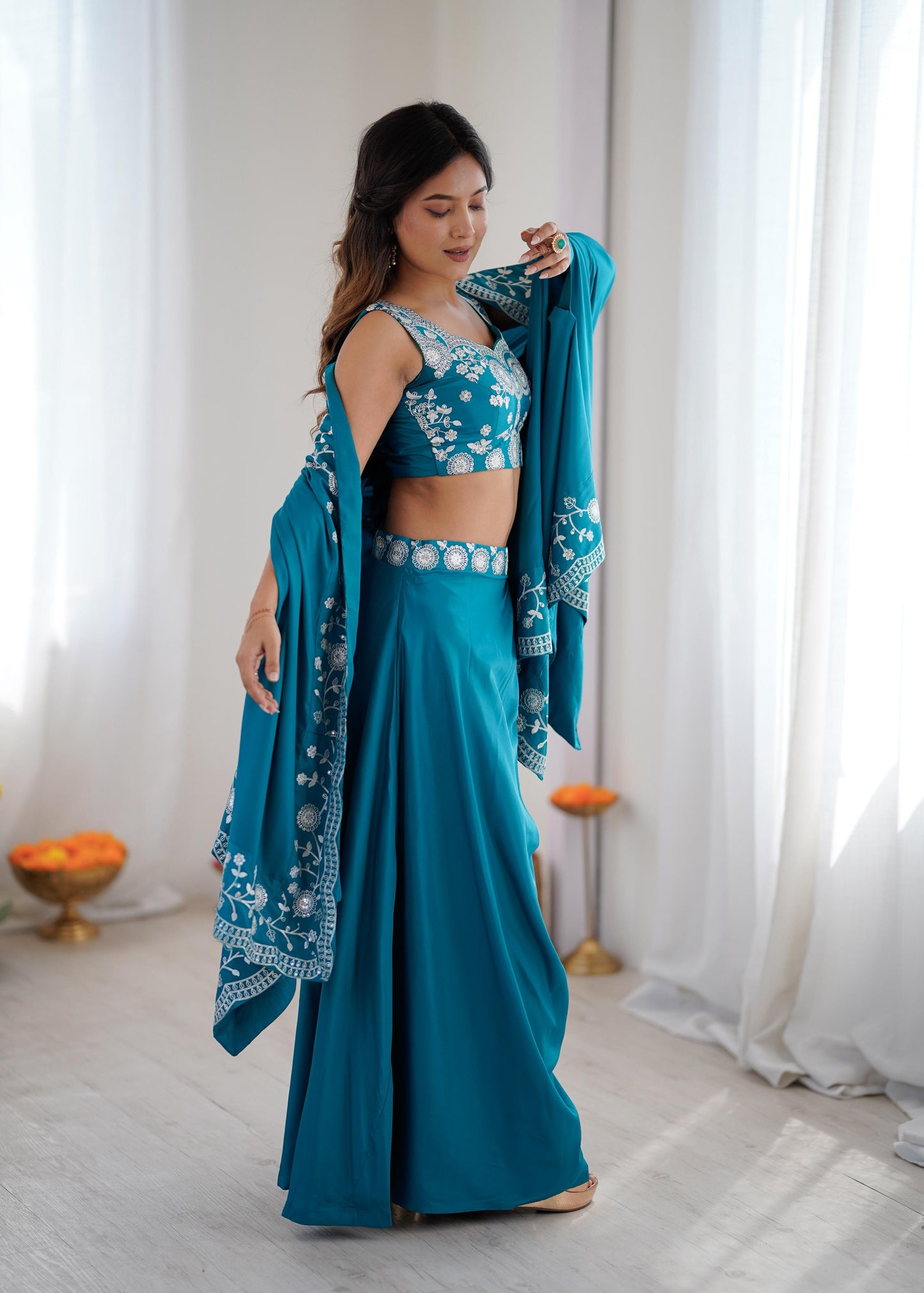 Teal Elegance Embroidered Indo-western Dhoti Outfit