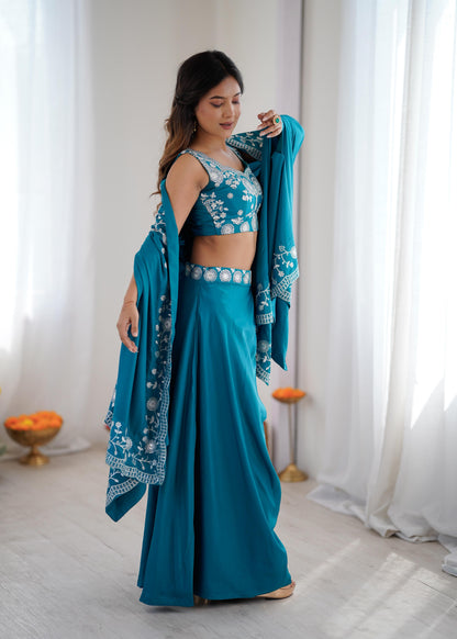 Teal Elegance Embroidered Indo-western Dhoti Outfit