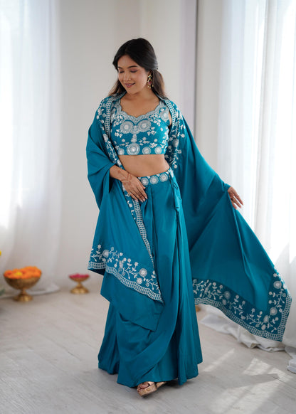 Teal Elegance Embroidered Indo-western Dhoti Outfit