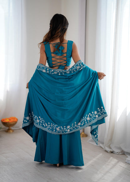 Teal Elegance Embroidered Indo-western Dhoti Outfit