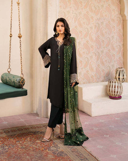 Designer Crepe Silk Black Kurta Set With Organza Dupatta