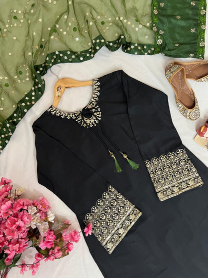 Designer Crepe Silk Black Kurta Set With Organza Dupatta