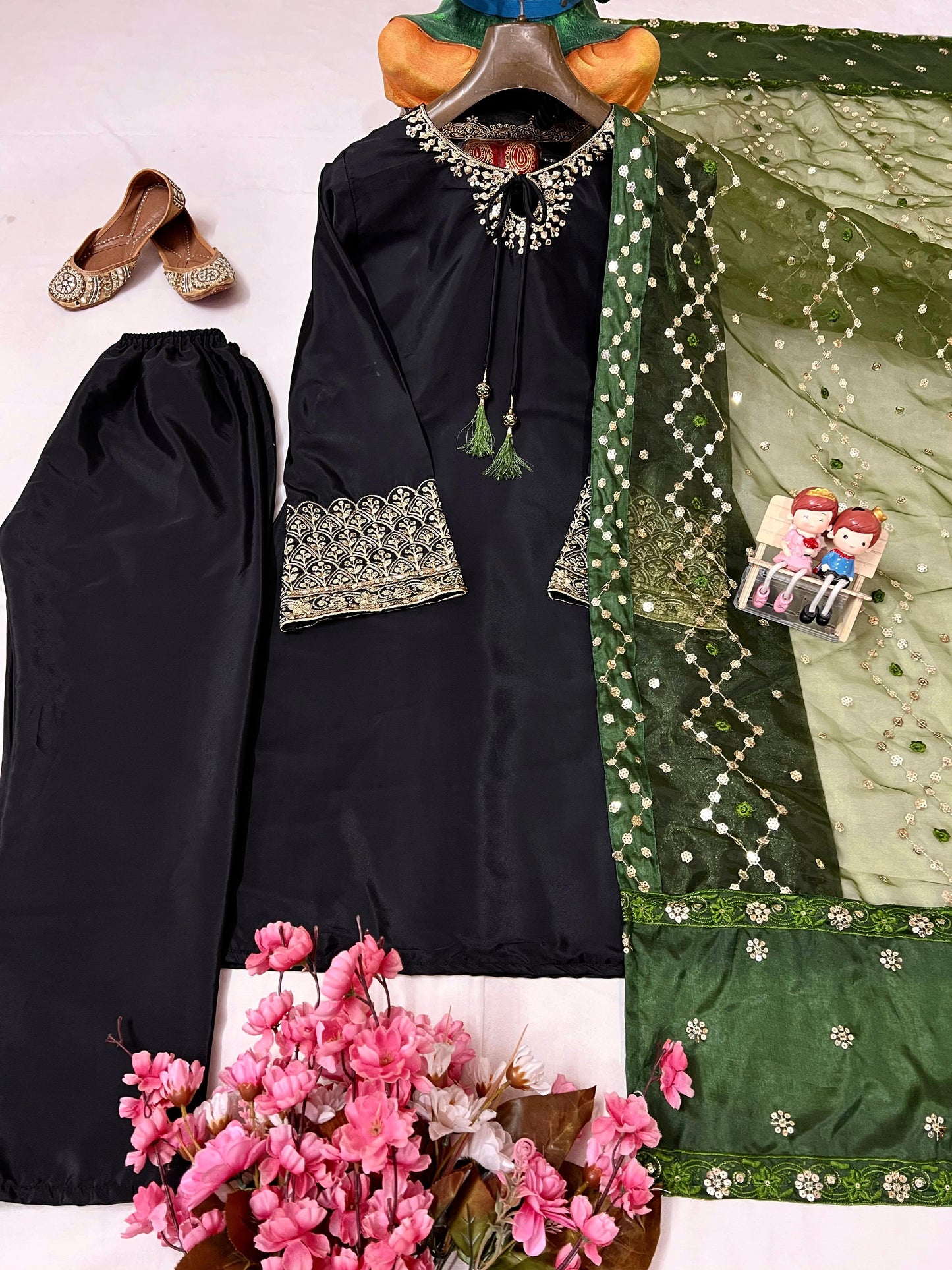 Designer Crepe Silk Black Kurta Set With Organza Dupatta