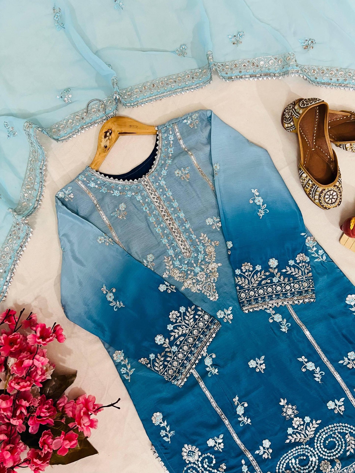 Chinon Silk Embroidered Suit With Flared Plazzo