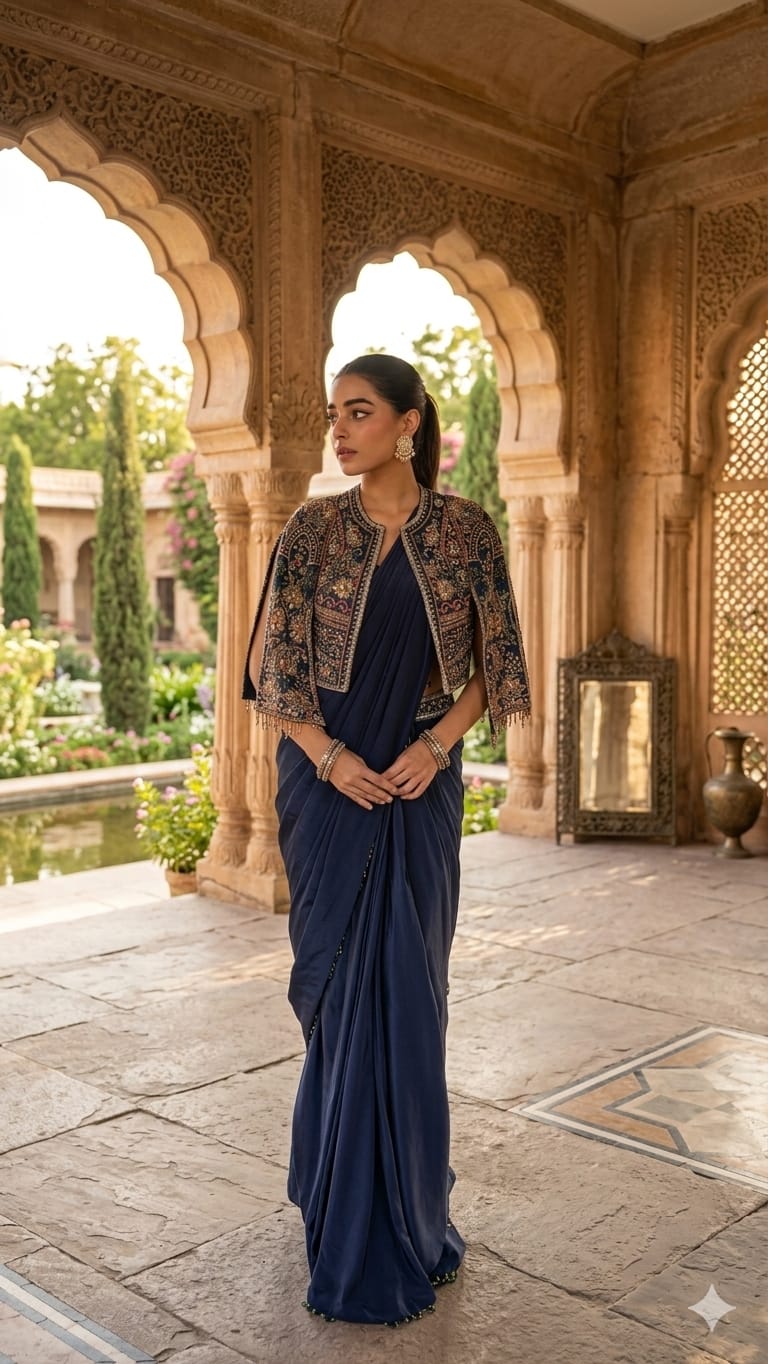Ready to wear blue chinnon silk saree with multi thread embroidery and fancy moti lace border
