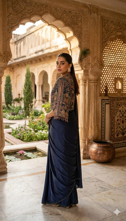 Ready to Wear Blue Chinnon Silk Saree with Multi Thread Embroidery and Fancy Moti Lace Border