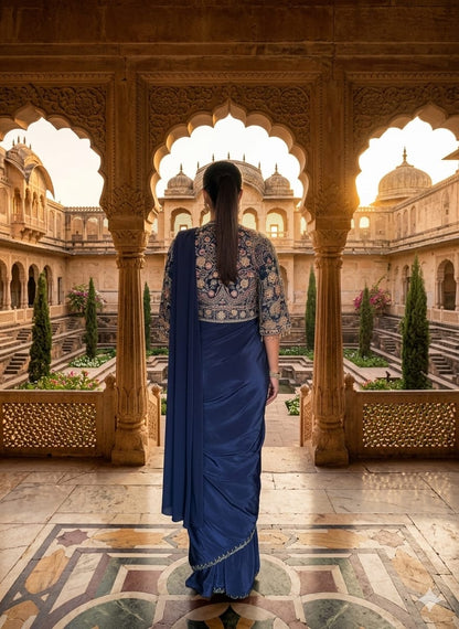 Ready to wear blue chinnon silk saree with multi thread embroidery and fancy moti lace border