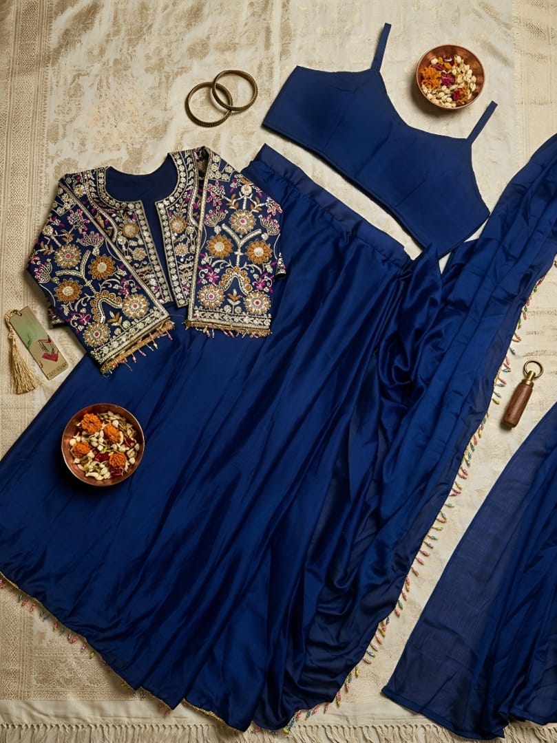 Ready to wear blue chinnon silk saree with multi thread embroidery and fancy moti lace border