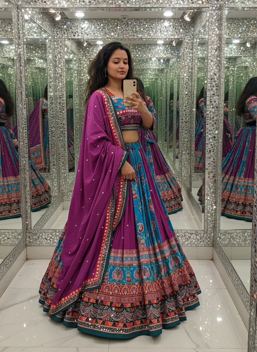 Heavy Muslin Cotton digital print lehenga with mirror work and lace detailing
