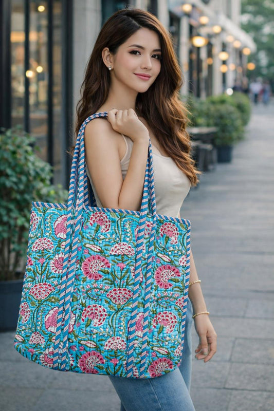 Floral Sky Blue Tote Bag