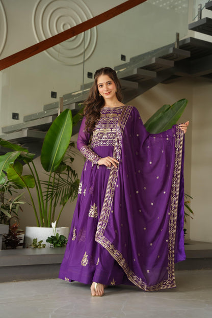 Purple Elegant Embroidered Festive Gown