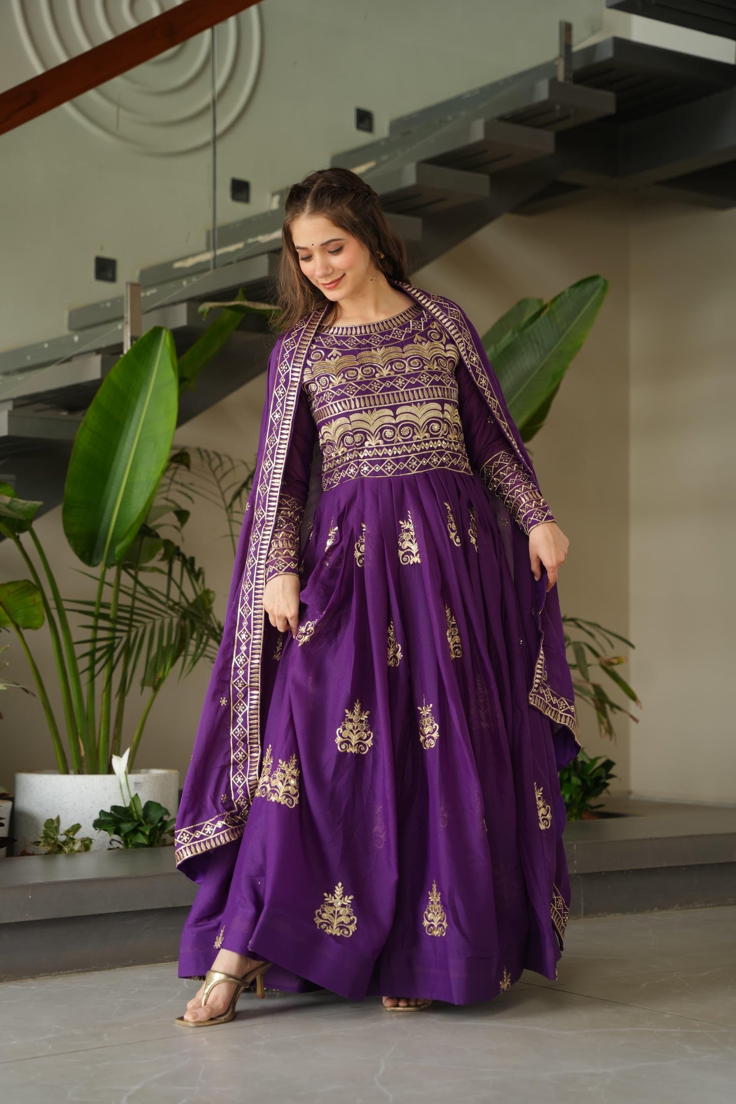 Purple Elegant Embroidered Festive Gown