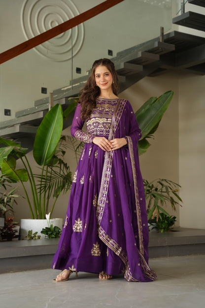 Purple Elegant Embroidered Festive Gown