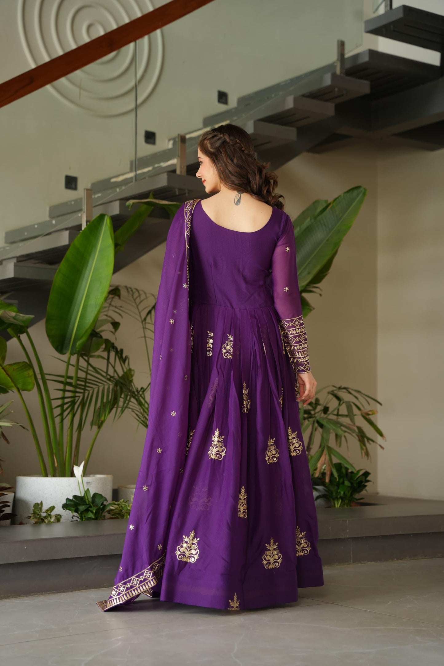 Purple Elegant Embroidered Festive Gown