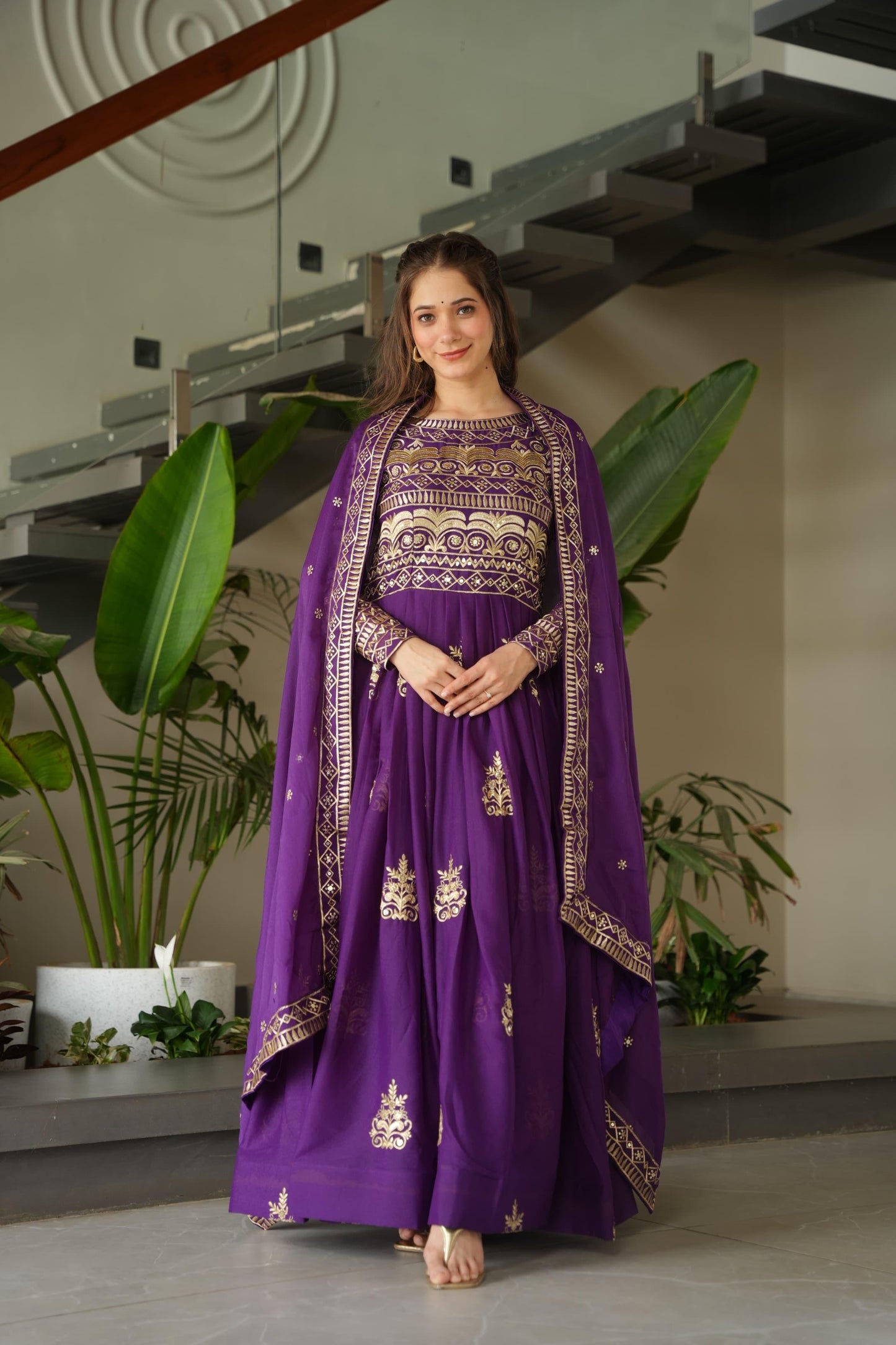 Purple Elegant Embroidered Festive Gown