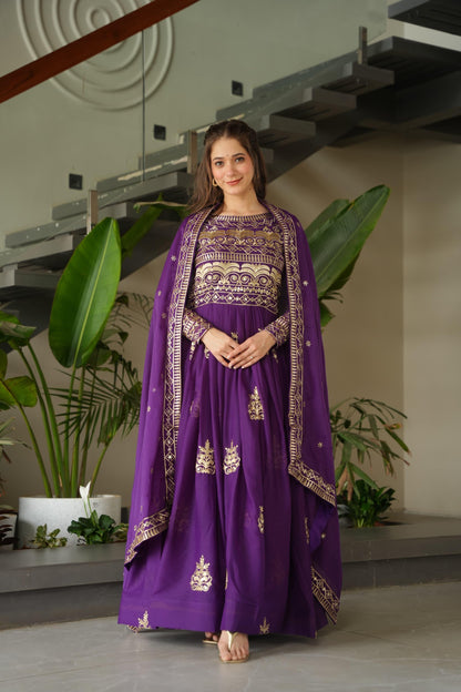 Purple Elegant Embroidered Festive Gown