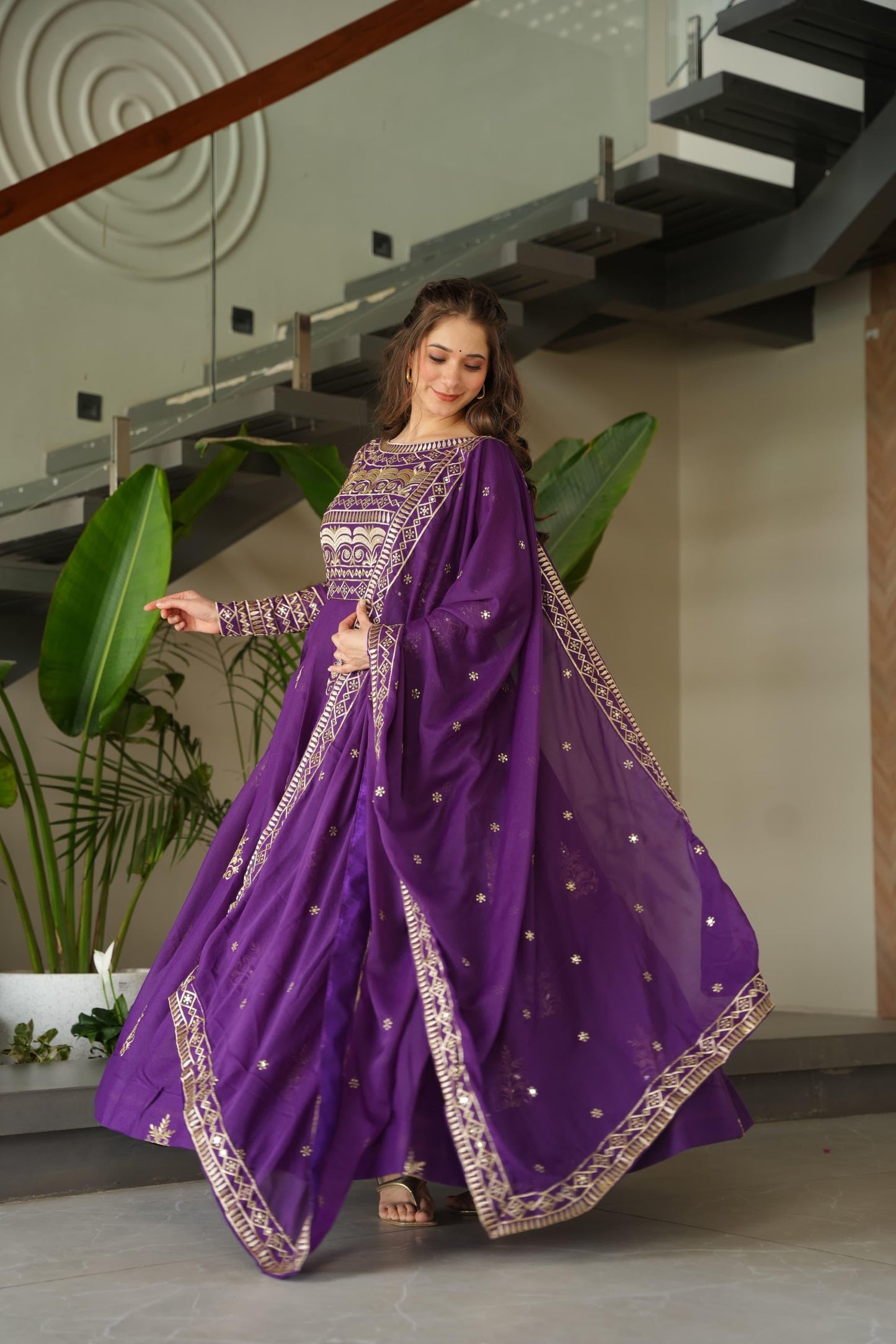 Purple Elegant Embroidered Festive Gown