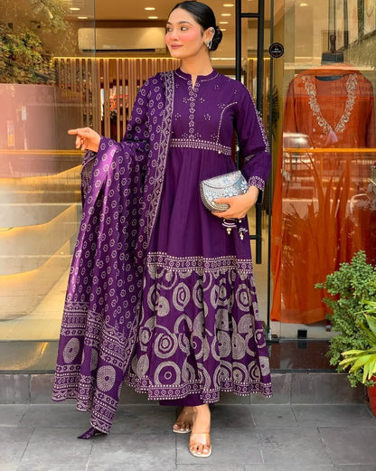 Purple Muslim Cotton Printed Kurti