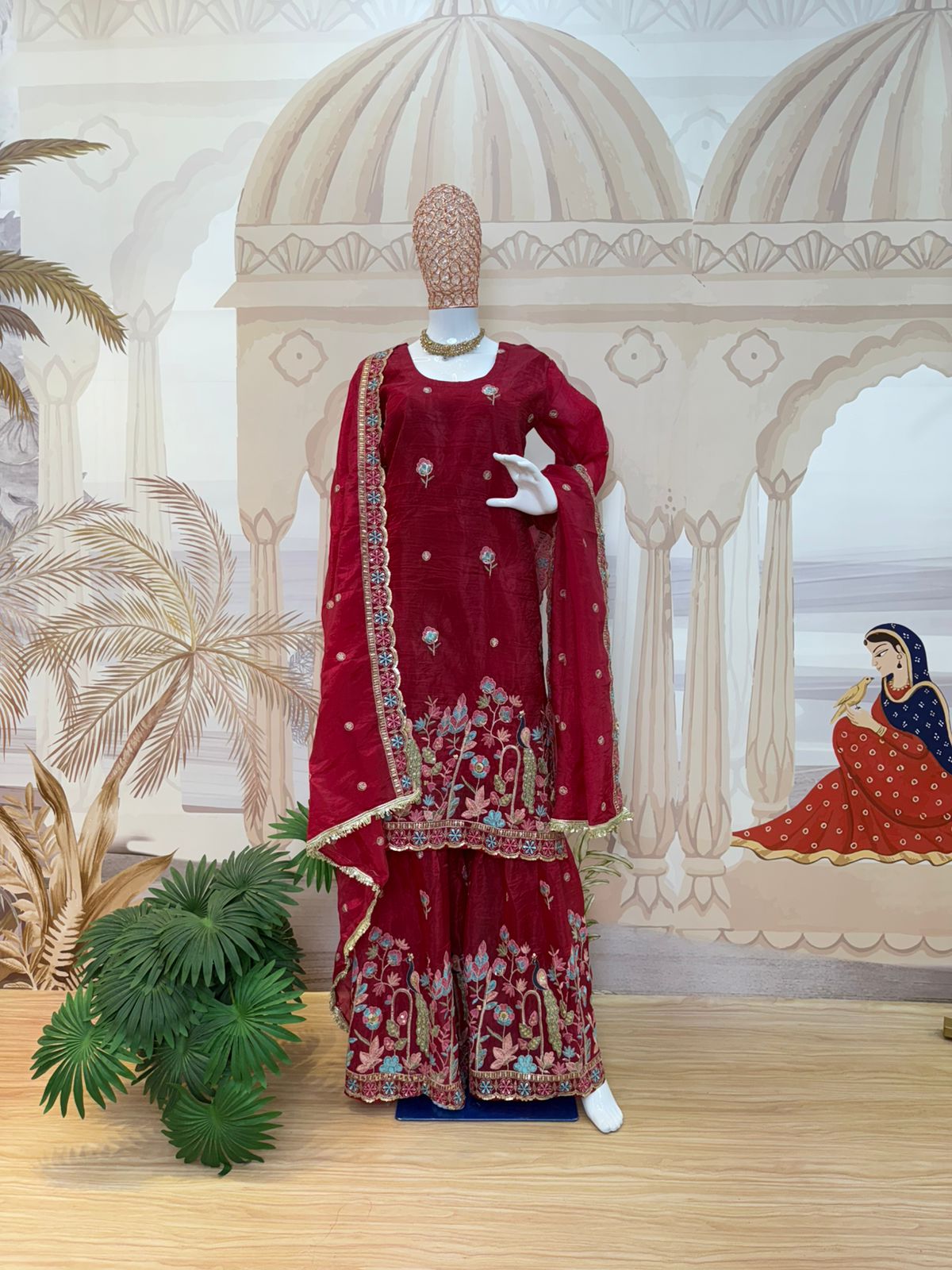 Red Diwali Special Three Piece Kurti