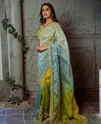 Ombre Blue Green Banglori Silk Saree