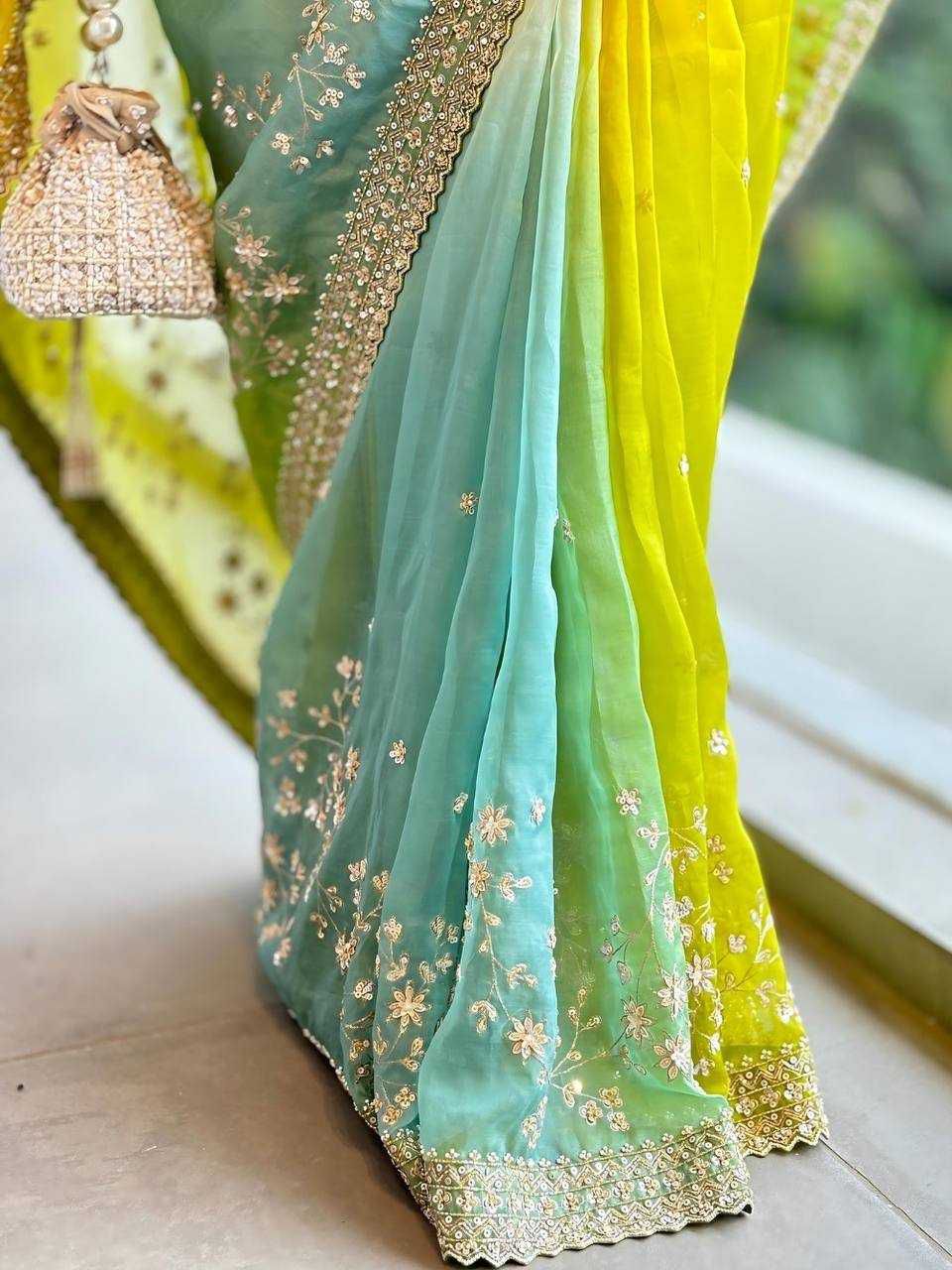 Ombre Blue Green Banglori Silk Saree