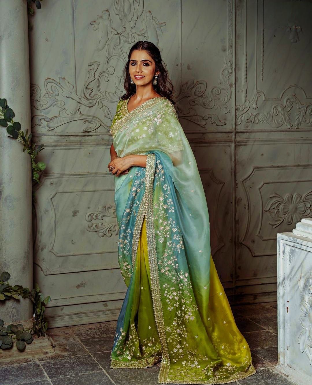 Ombre Blue Green Banglori Silk Saree
