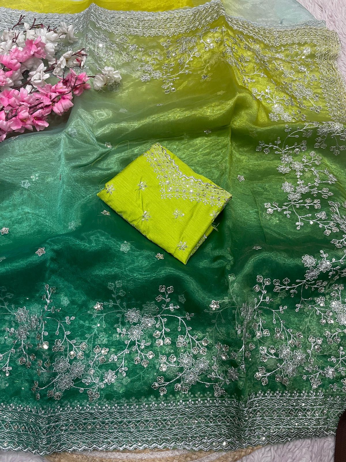 Ombre Blue Green Banglori Silk Saree