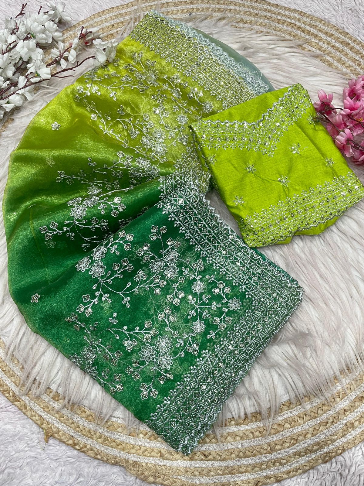 Ombre Blue Green Banglori Silk Saree