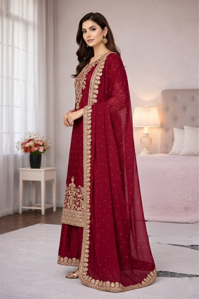 Pure Gmy Silk Red Embroidery Suit Set