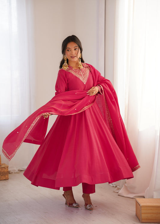 Rani Pink Fully Flair Anarkali Suit Set With Jariwork