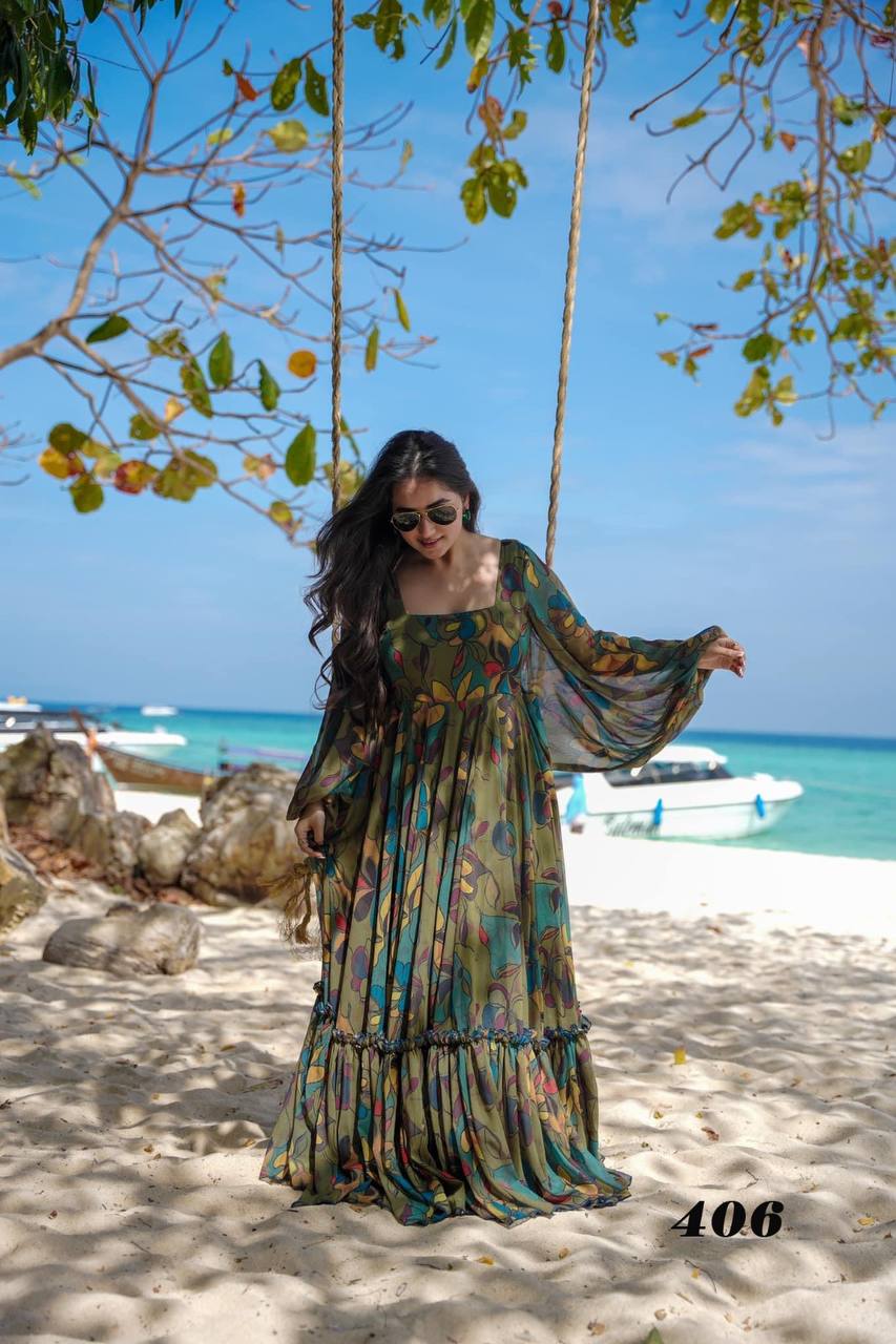 Dark Green Full Sleeve Fancy Neck Gown