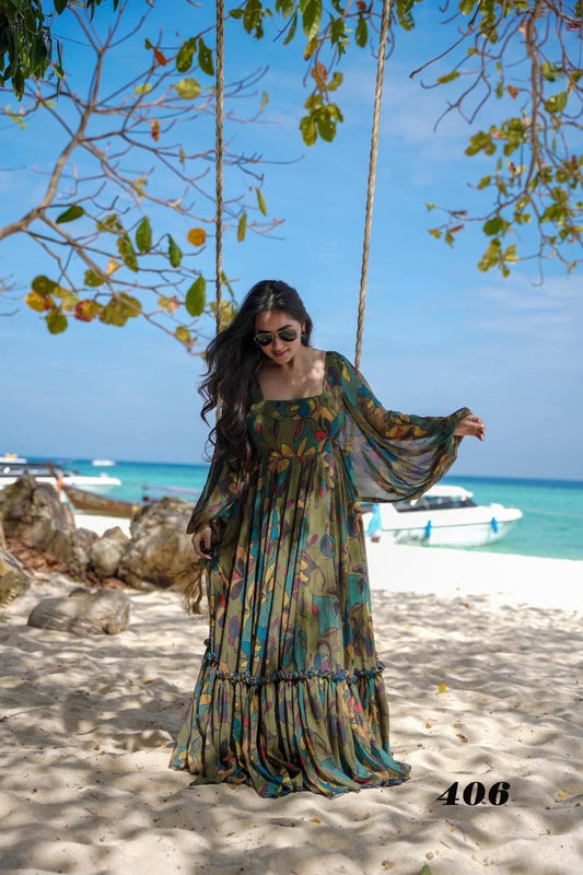 Dark Green Full Sleeve Fancy Neck Gown