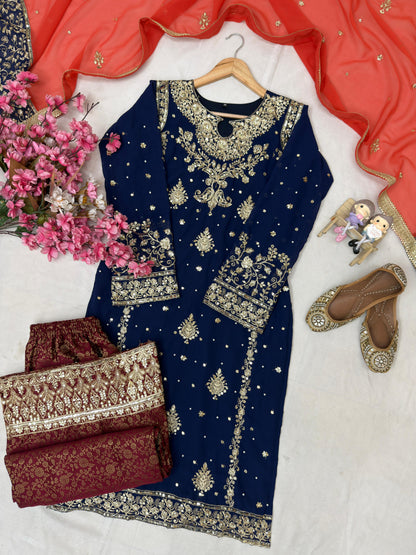 Blue Faux Georgette Pakistani Suit With Ornage Dupatta