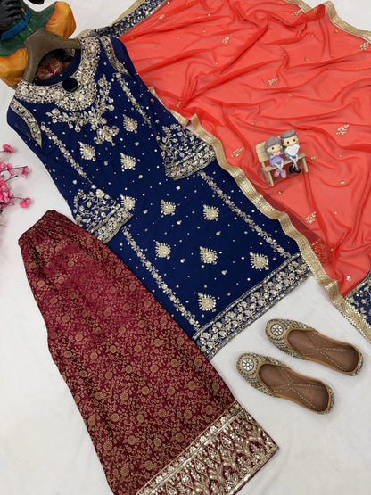 Blue Faux Georgette Pakistani Suit With Ornage Dupatta